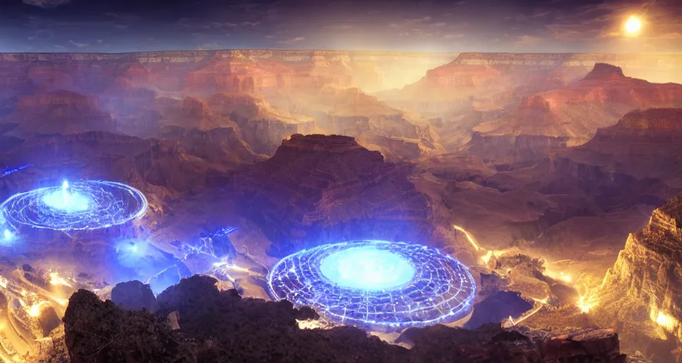 Image similar to night, a lot of people and a spiral - shaped white luminous attractor is floating in grand canyon, concept art, art for the game, professional lighting, art