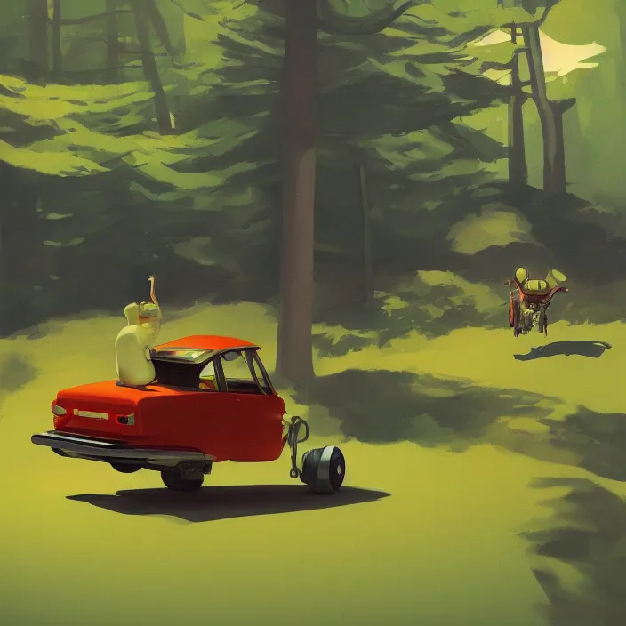 Prompt: fat alien on wheels rolling through the forest, highly detailed, Edward Hopper and James Gilleard