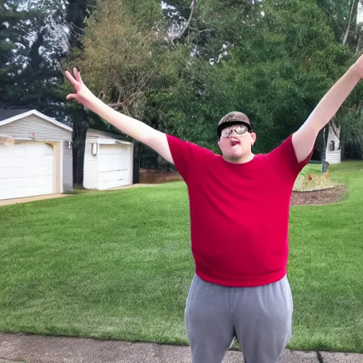 Image similar to Rocco Botte wearing gray sweatshirt and gray sweatpants and gray 👟 standing in a T-pose on a suburban residential street