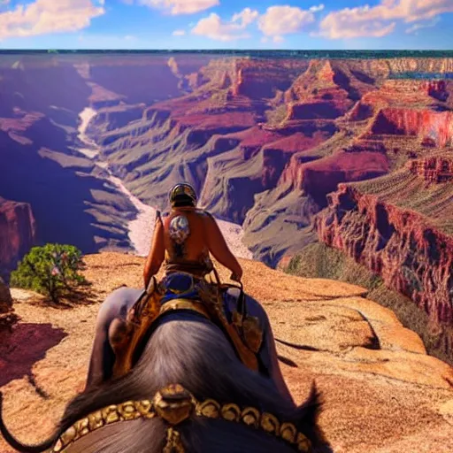 Prompt: Hog Rider riding along the Grand Canyon, ultra high quality, high detail, deep color, Unreal Engine 5 render, 8k