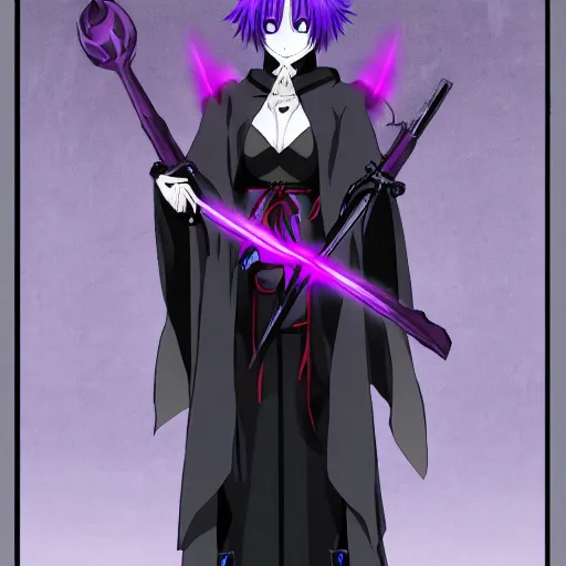 Image similar to an attractive anime female necromancer mage symmetrical, donned in black cloak with purple staff full view of character in frame