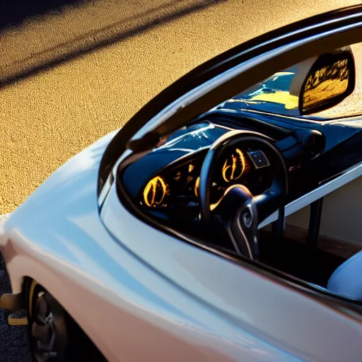 Image similar to cat behind the steering wheel of a cabriolet, seen from above, golden hour, front top side view, golden ratio, idyllic setting