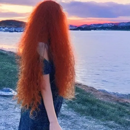 Image similar to full body photo of beautiful Norwegian women with long ginger hair with sunset behind her, Instagram photo