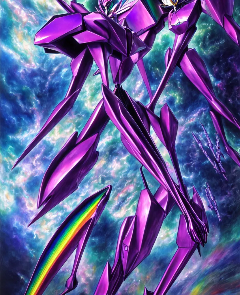 Image similar to realistic detailed image of ultra wrathful rainbow diamond iridescent mega eva 0 1 from neon genesis evagelion, depth perception, depth of field, action horror by ayami kojima, neo - gothic, gothic, part by adrian ghenie and gerhard richter. art by yoshitaka amano. masterpiece