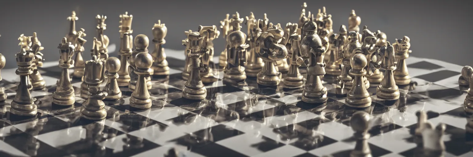 Prompt: cyborg chess pieces on chessboard, studio shot, dark background, photorealistic image, golden hour, low angle shot, very detailed