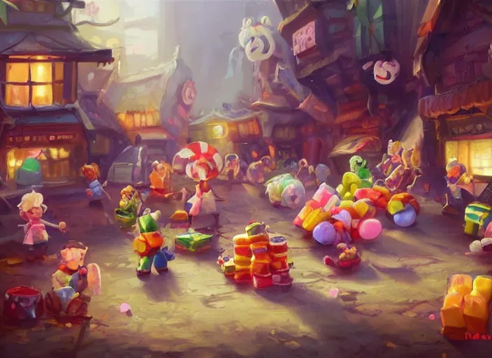 Image similar to concept art of cute candy mobs, oil painting by Jama Jurabaev, extremely detailed, brush hard, artstation, for AAA game, high quality