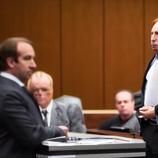 Prompt: saul goodman defending alex jones in court, courtroom photo, sharp, high quality, 8k