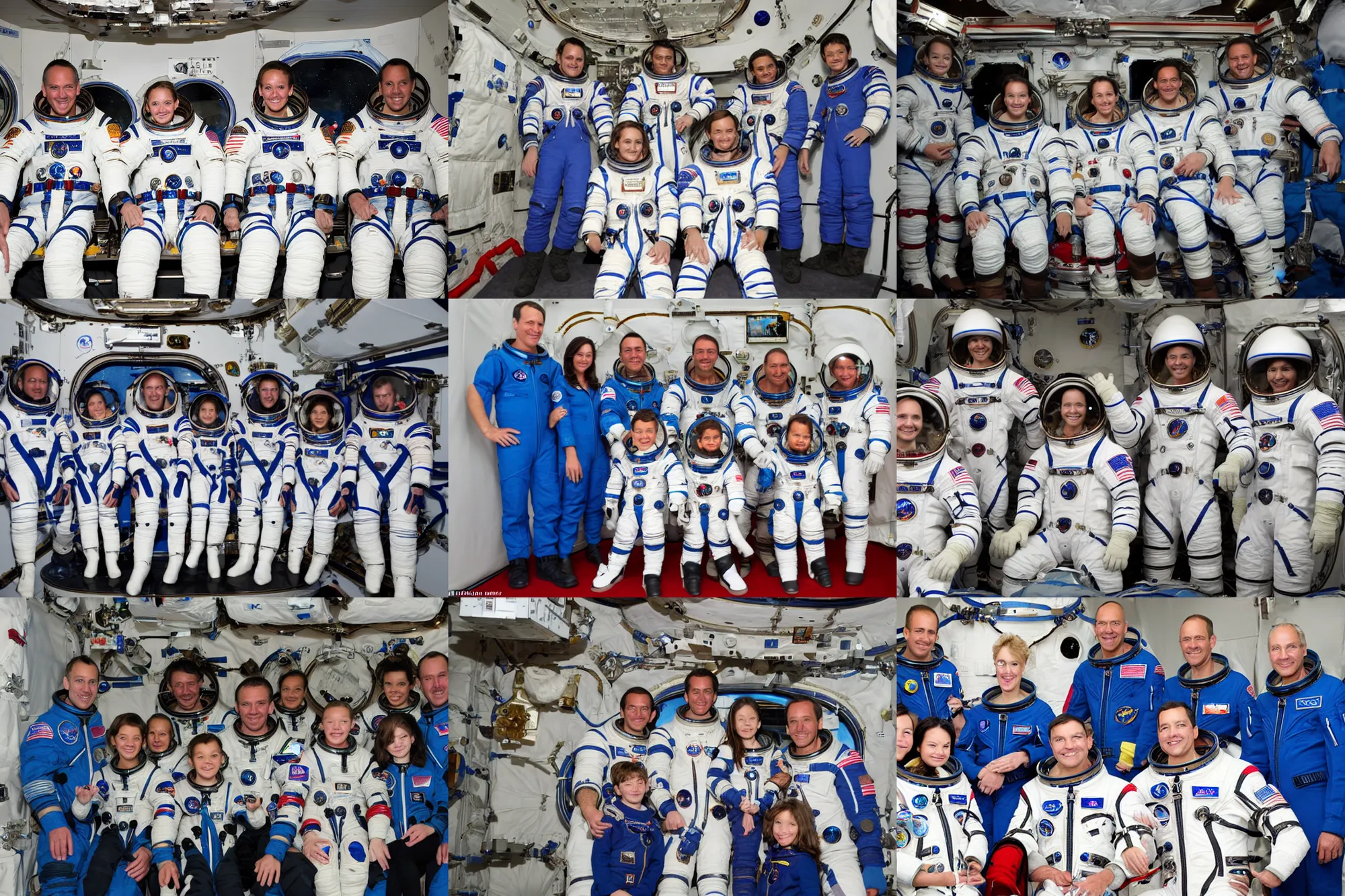 Prompt: a family photo from my holiday space cruise to the International Space Station in 2010, we are all wearing spacesuits