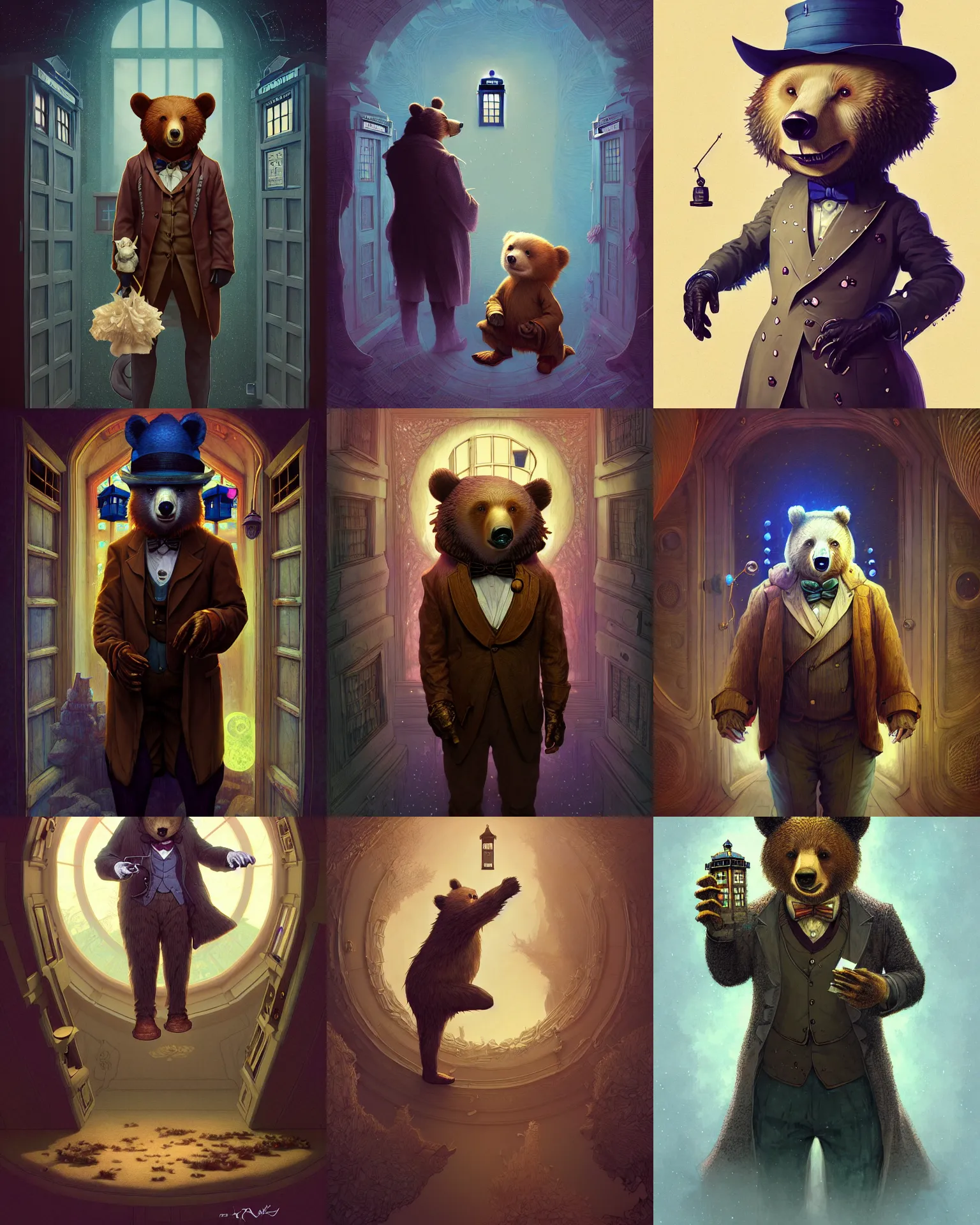 Image similar to anthropomorphic art of a detective bear in tardis, victorian inspired clothing by artgerm, victo ngai, ryohei hase, artstation. fractal papersand books. highly detailed digital painting, smooth, global illumination, fantasy art by greg rutkowsky, karl spitzweg