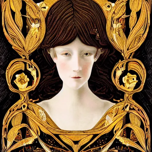 Prompt: a beautiful girl made of ivory and gold, highly intricate, digital art, very detailed, in the style of a weird and dark eerie liminal art nouveau flemish painting,