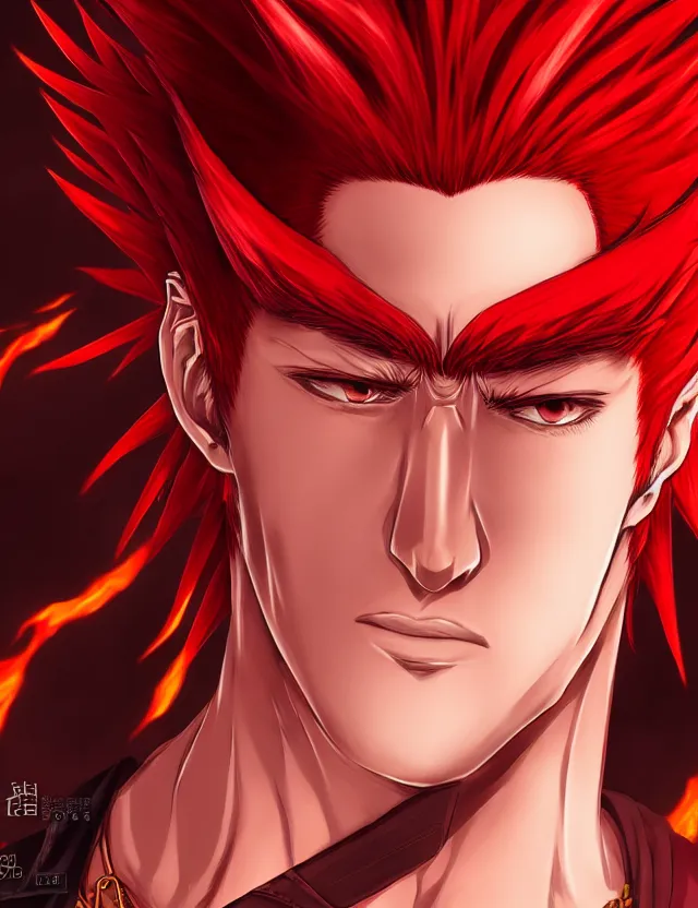 Image similar to a detailed manga portrait of a handsome tall man with spiked crimson hair in fiery crimson crystalline armour, trending on artstation, digital art, 4 k resolution, detailed, high quality, sharp focus, hq artwork, coherent, insane detail, character portrait