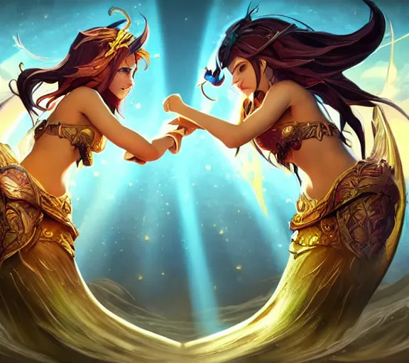 Prompt: two mermaids fistbumping in midair crepuscular rays behind fistbump, whimsical, dungeons and dragons, league of legends splash art, heroes of the storm splash art, hearthstone splash art, world of warcraft splash art, overwatch splash art, art by artgerm, art by alphonse mucha, intricately detailed, highly detailed, trending on artstation,