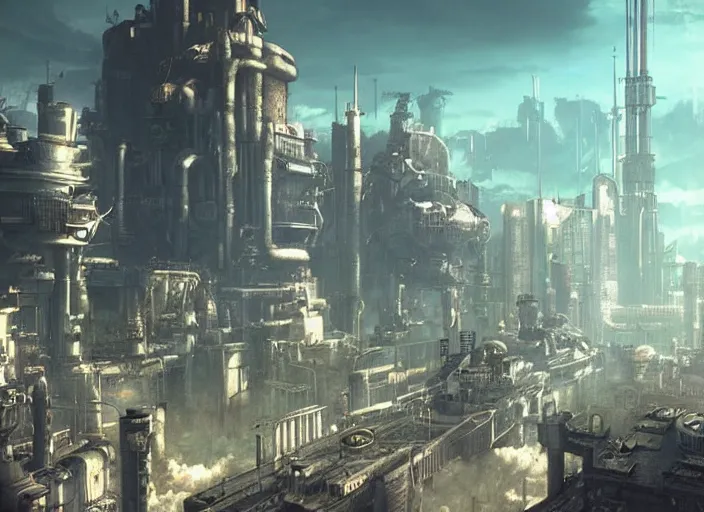 Image similar to dieselpunk landscape of midgar from final fantasy vii during daytime