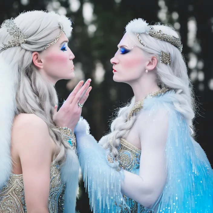 Image similar to photograph of a real-life beautiful ice queen in ornate dress kissing a woman. 8k