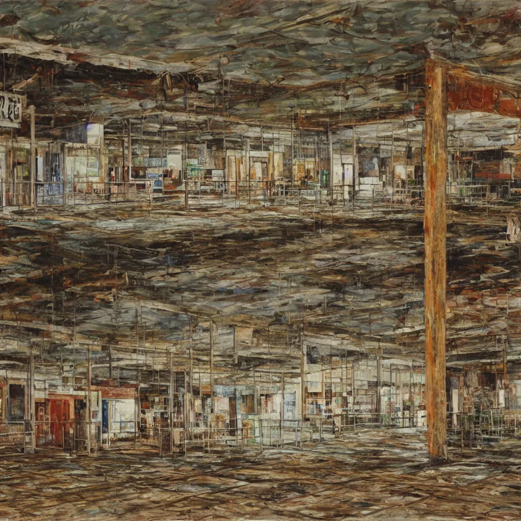 Prompt: an abandoned grocery store in the middle of nowhere by william christenberry, ultra detailed, rainy, beautiful