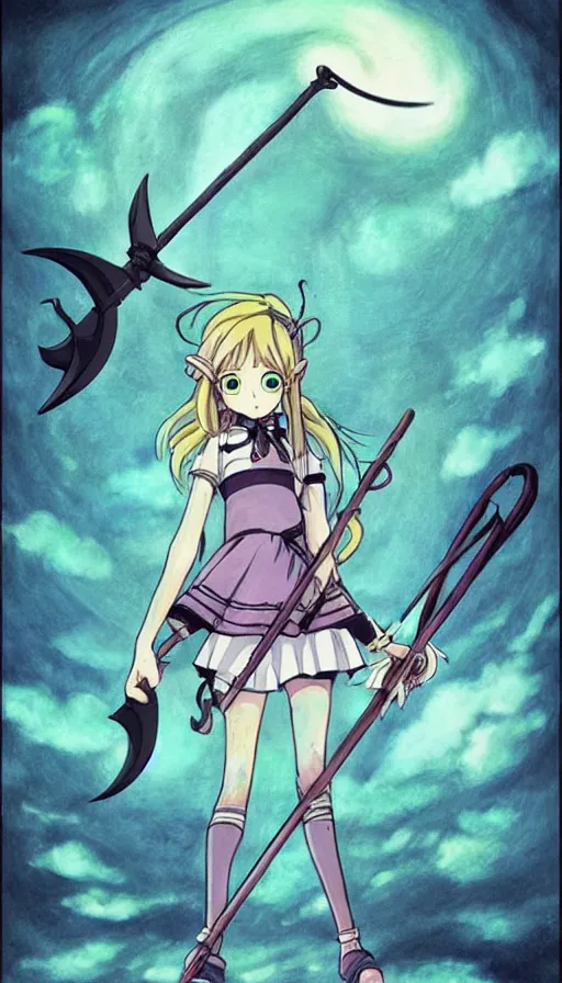 Image similar to a beautiful link drawing of the being death as a cute anime girl with a giant scythe from a studio ghibli film inspired by the death tarot card, dark vibes, pastel colors