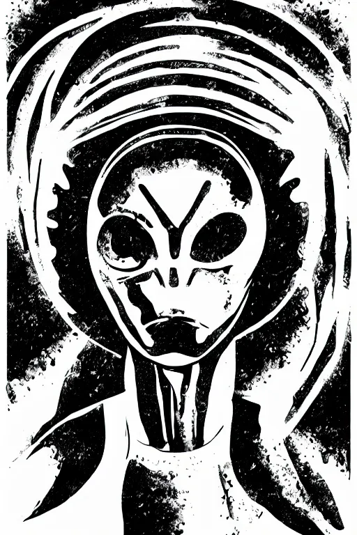 Prompt: alien black and white illustration