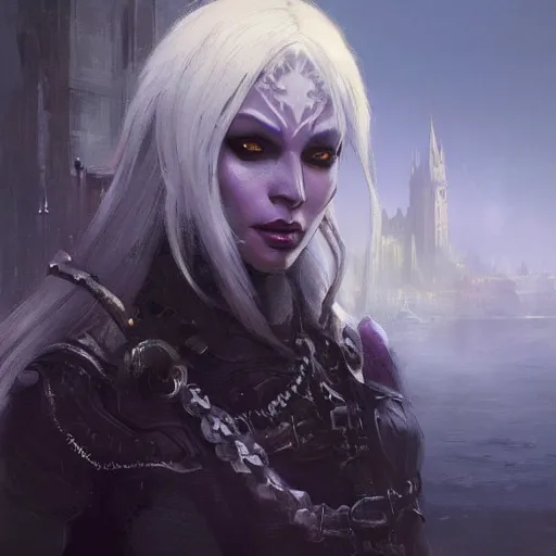 Image similar to closeup portrait of drow, dungeons and dragons character, dramatic lighting, castle background, gorgeous view, realistic, high detail, digital art, painted by greg rutkowski, painted by jeremy mann, trending on artstation