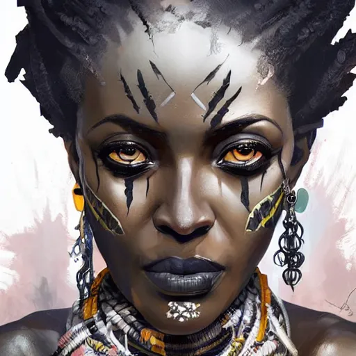 Image similar to a dark and ominous african queen with glowing eyes, a black diamond in her forehead, and jewelry made of bones, Apex Legends character digital illustration portrait design, by android jones and greg rutkowski in a cyberpunk voodoo style, detailed, cinematic lighting, wide angle action dynamic portrait