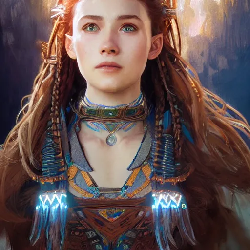 Image similar to ultra realistic illustration of aloy from horizon zero dawn, intricate, elegant, highly detailed, digital painting, artstation, concept art, smooth, sharp focus, illustration, art by artgerm and greg rutkowski and alphonse mucha