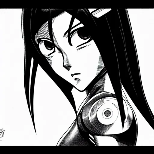 Image similar to alita by yukito kishiro. medium shot. black and white manga. pencil drawing. high detailed face