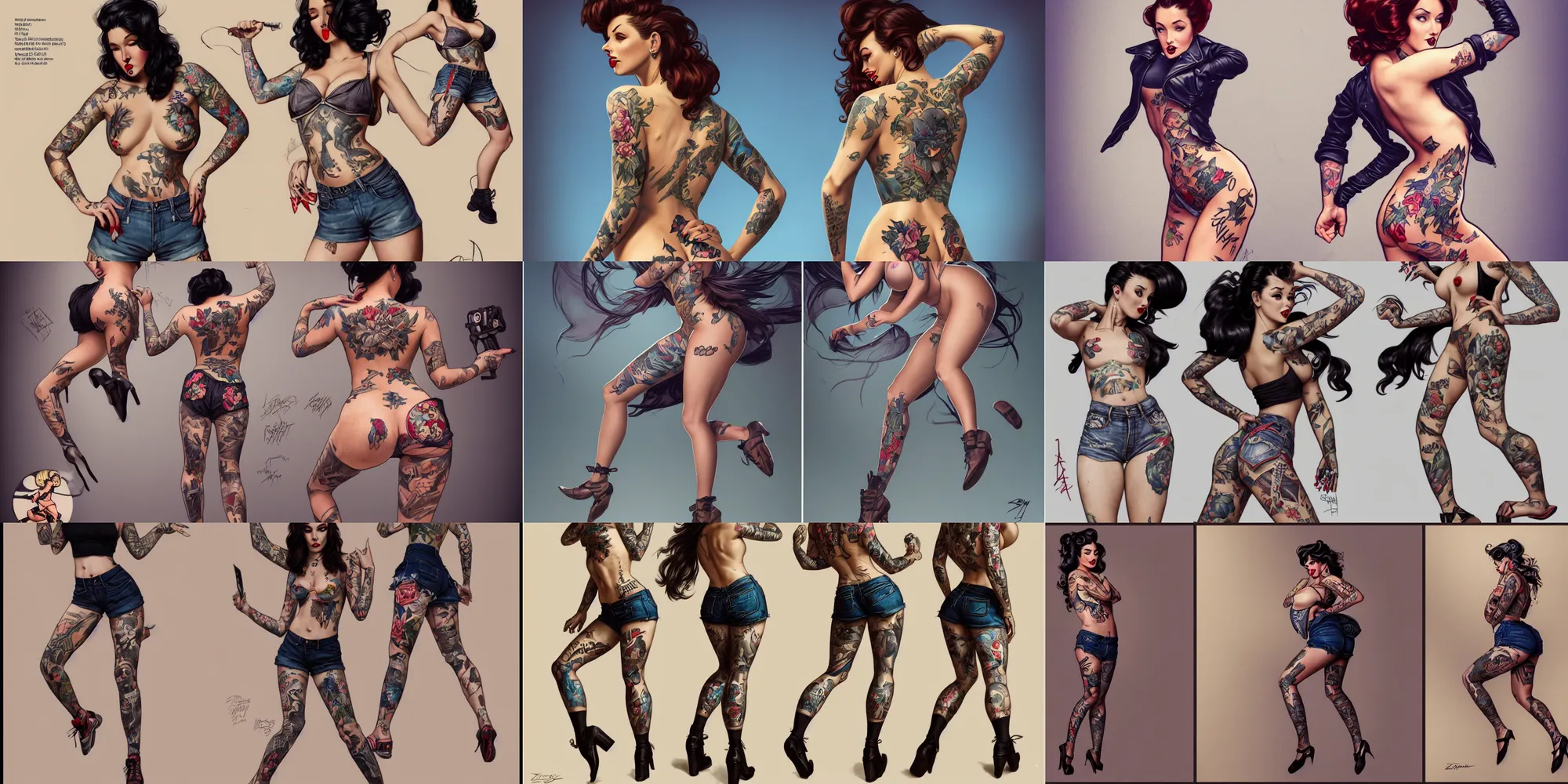 Prompt: tattooed pinup sexy girl zazie skymm wearing a jacket and ripped shorts running and jumping, character sheet, contrast, deep focus, turnaround, highly detailed, dramatic lighting, rear view, ultra wide angle, digital painting, artstation, concept art, matte, sharp focus, illustration, elegant, art by artgerm and greg rutkowski and alphonse mucha.