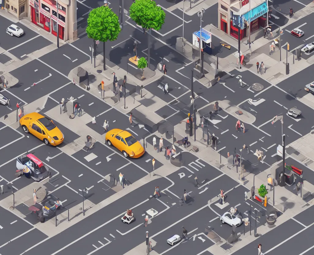 Prompt: cute street corner with shops, cars and pedestrians, isometric view, octane 3d, ray tracing, volumetric lighting