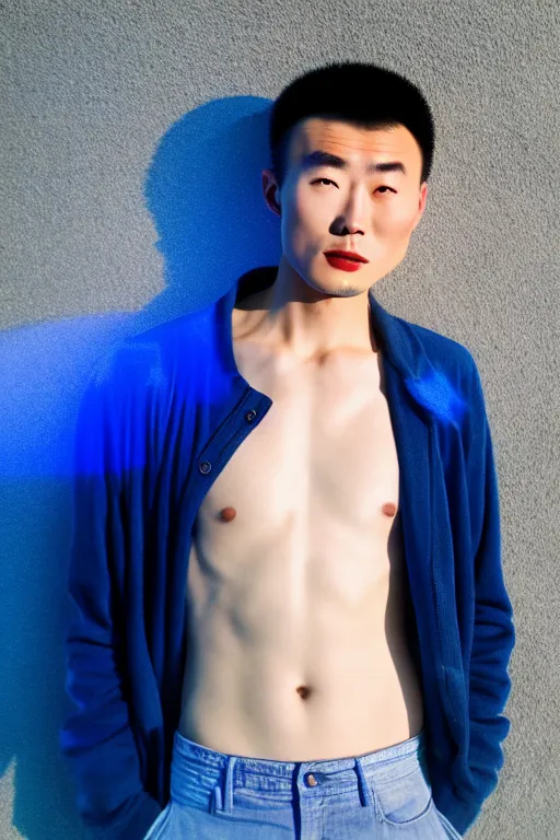 Prompt: high quality 35mm photo handsome expressive chinese man with translucent skin highly detailed eric zener elson peter cinematic blue lighting high angle hd 8k sharp shallow depth of field