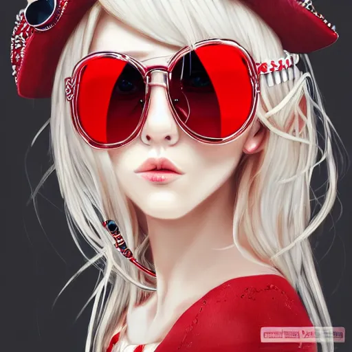 Prompt: blonde gyaru fancy sunglasses, red and white neon, concept art, intricate details, highly professionally detailed, cgsociety, highly detailed -
