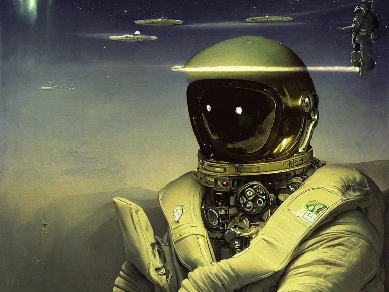 Image similar to a detailed profile oil painting of pilot in a spacesuit with reflective visor, flight suit, portrait symmetrical and science fiction theme with aurora lighting by beksinski carl spitzweg and tuomas korpi. baroque elements, full-length view. baroque element. intricate artwork by caravaggio. Trending on artstation. 8k