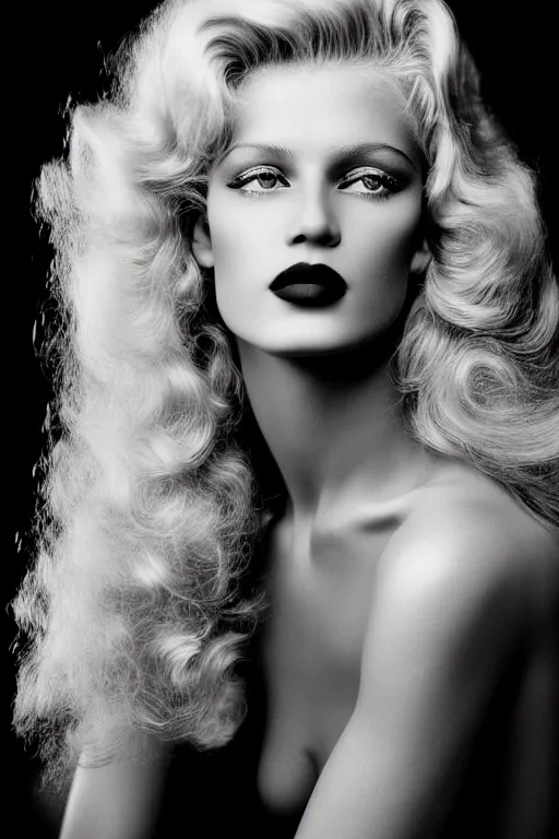 Prompt: stunning award - winning portrait of a beautiful blonde woman looking directly into the camera by herb ritts. long curly shiny glossy hair. highly defined curls. old hollywood makeup. vintage glamour. glossy dark lips. supermodel. high fashion black and white photography. vogue. nikon 5 0 mm f / 1. 6