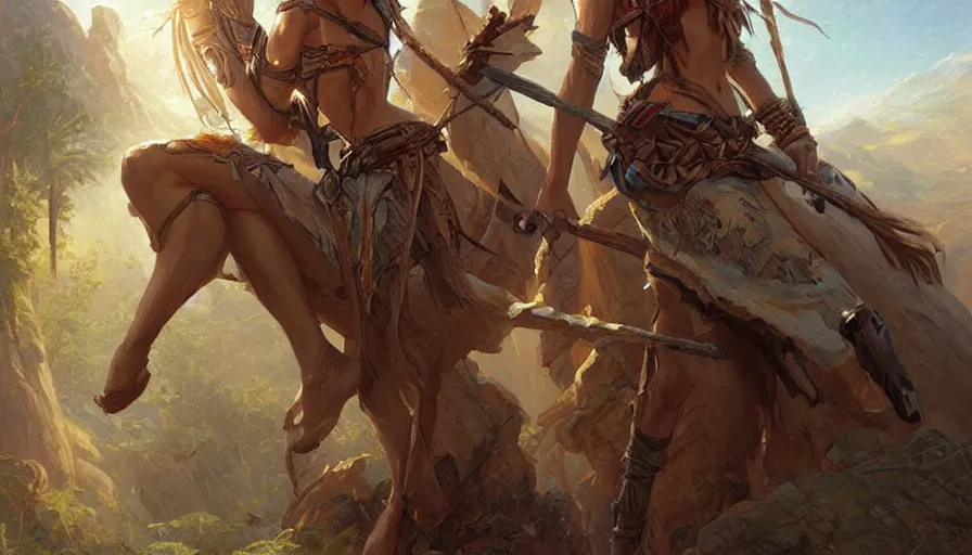 Prompt: beautiful oil painting with high detail of a gorgeous and curvy wood-elf ranger from dungeons and dragons in the desert by artgerm and greg rutkowski and thomas kinkade