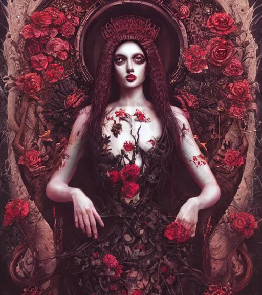 Image similar to portrait of the supreme queen of the blood cult, surrounded by skulls and overgrowth and dark flowers by karol bak, WLOP, James Jean, tom bagshaw, rococo, trending on artstation, cinematic lighting, hyper realism, octane render, 8k, hyper detailed.