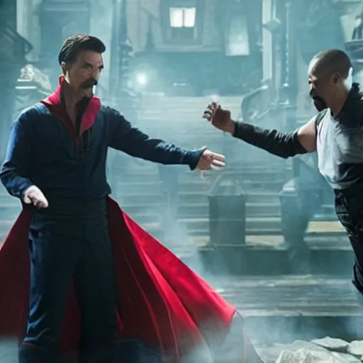 Prompt: still of dr. strange confronting moon knight, in avengers movie