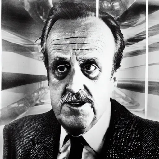 Image similar to Marshall McLuhan trapped in a huge inflatable transparent tube with chrome effect