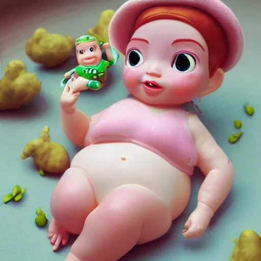 Prompt: fat pink ginseng fairy babies with puffy cheeks and ginseng plant leaves growing on top of their head, in the style of toy story