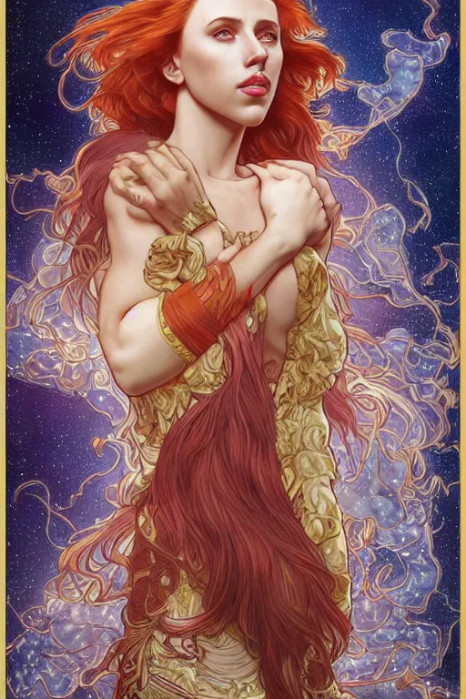 Image similar to celestial anthropomorphic irish setter scarlett johansson, by artgerm and yoshitaka amano and moebius and alphonse mucha, hyperdetailed, dc comics, ornate, nebula, explosions in the sky, trending on artstation