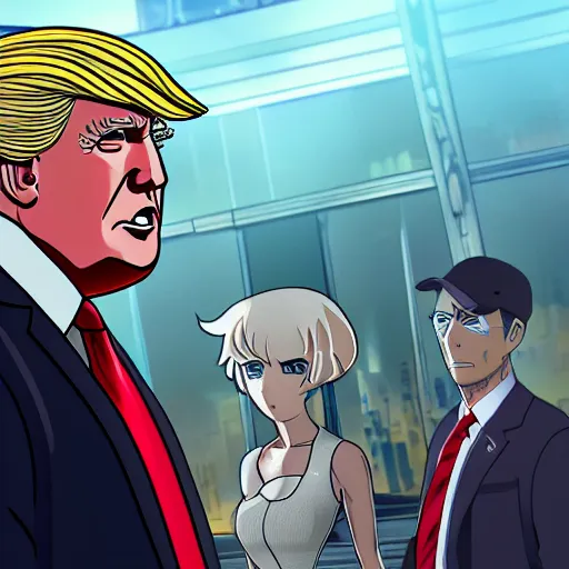 Prompt: A highly detailed screenshot of a new Donald Trump anime inspired by blade runner 2049, HDR, 8k, trending on artstation