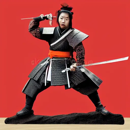 Prompt: Samurai master standing with holding sword , realistic photo illustration