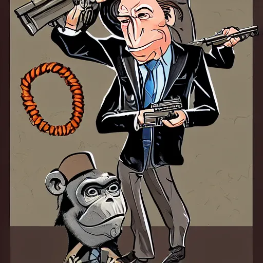 Prompt: Saul Goodman as a chimp with a machinegun