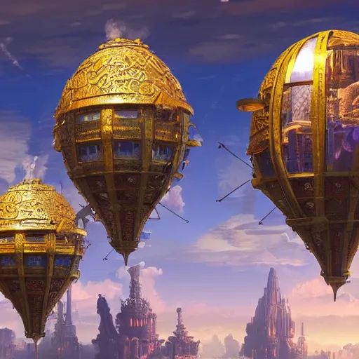 Prompt: enormous flying city in a faberge egg, cloudy sky background, steampunk, fantasy art, masterpiece, unreal engine