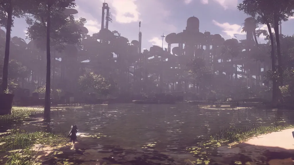 Image similar to Screenshot from Nier Automata, beautiful landscape at a water park