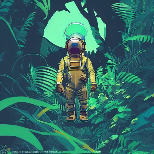 Image similar to view of a future cosmonaut with helmet having cybernetics and wirings exploring a jungle, d & d, trending on artstation, art by rossdraws, petros afshar, tom whalen, laurie greasley and greg rutkowski and ilya kuvshinov, global illumination