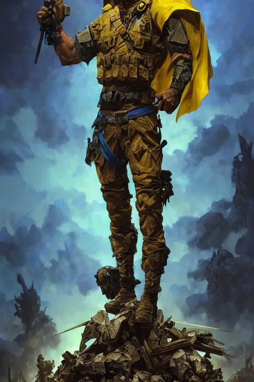 Image similar to special forces soldier with ukrainian blue yellow flag standing on a pile of skulls as a winner, masculine figure, d & d, fantasy, bright atmosphere, volumetric lights, intricate, elegant, extremely detailed, digital painting, artstation, concept art, matte, smooth, sharp focus, hyper realistic, illustration, art by artgerm and greg rutkowski and alphonse mucha