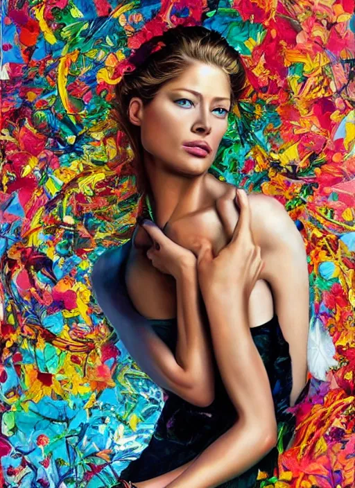 Image similar to beautiful painting of doutzen kroes, contemporary, colorful acrylic, airbrush painting, realistic portrait by kehinde wiley and archan nair [ hyperrealism ]!!!!!!!