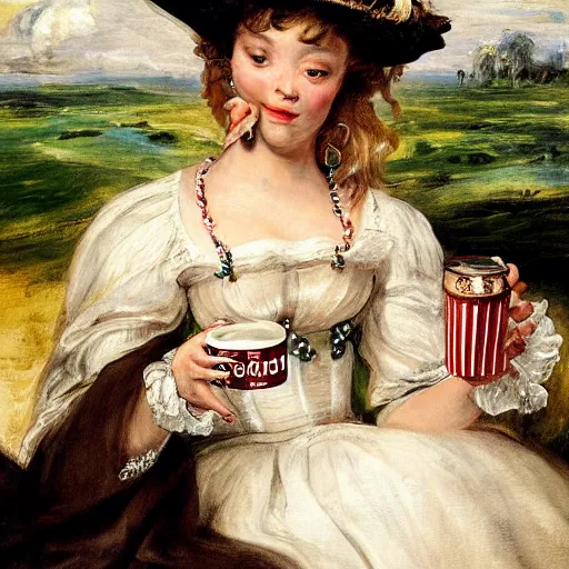 Prompt: heavenly summer sharp land sphere scallop well dressed lady drinking a starbucks coffee paper cup, auslese, by peter paul rubens and eugene delacroix and karol bak, hyperrealism, digital illustration, fauvist, starbucks coffee cup green logo