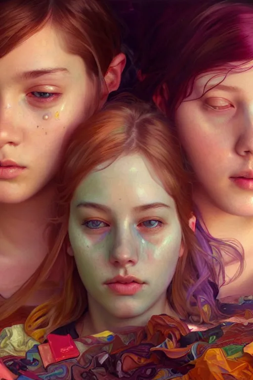 Image similar to three college girls rolling hard on ecstasy and tripping on lsd glistening with sweat on the bed amd hallucinating, realistic portrait, highly detailed, digital painting, artstation, concept art, smooth, sharp focus, illustration, cinematic lighting, art by artgerm and greg rutkowski and alphonse mucha