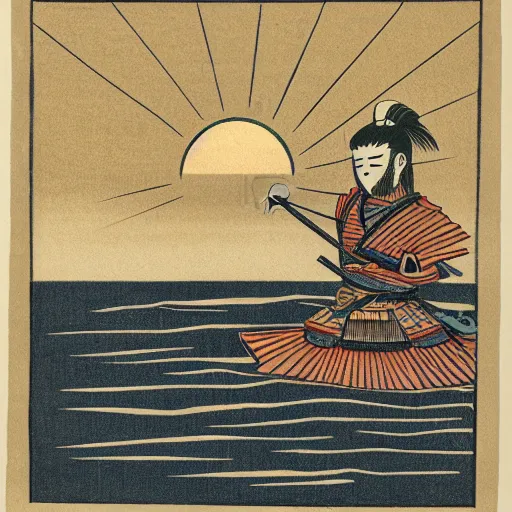 Prompt: Samurai standing in the middle of the lake with a big sun above him and clody sky, single color, Woodblock print, clean ink detailed line drawing