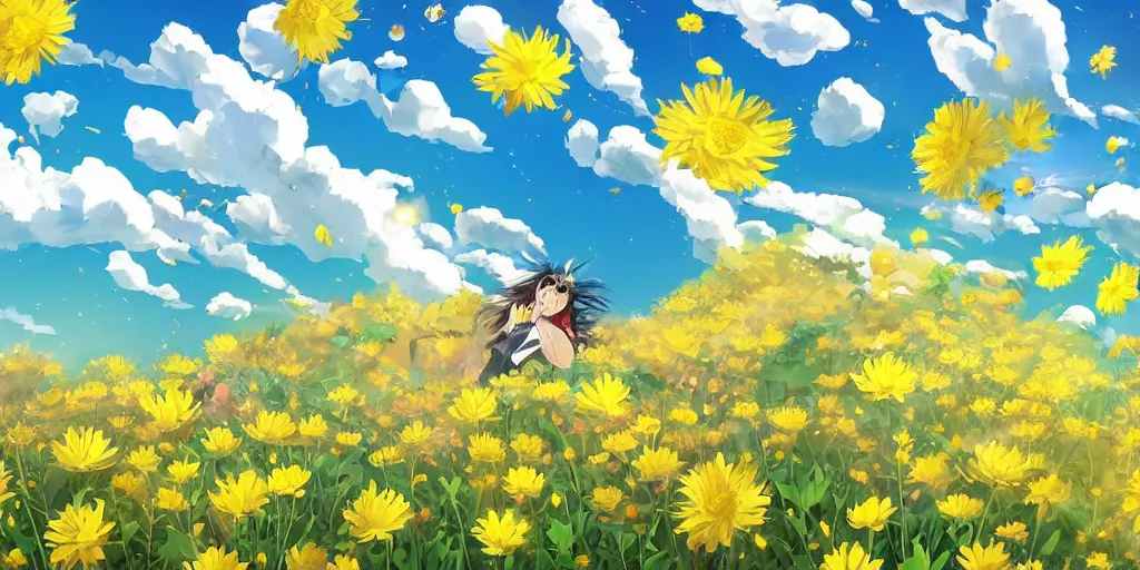 Image similar to background art of magic invisible blade slicing through a bouquet of yellow daisies, flowers exploding spraying and splattering, big puffy clouds, exploding roses, force waves, large rose petals, lotus petals, large polygonal background elements, large polygons, studio ghibli anime, radiant lighting, artgerm, manga, trending on artstation, art nouveau, mature colors