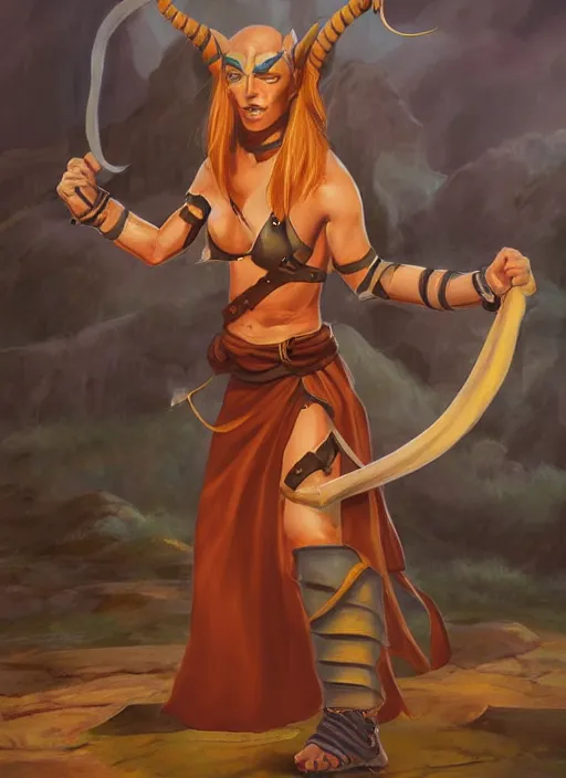 Image similar to a tough female d & d tiefling monk painted by raymond swamland